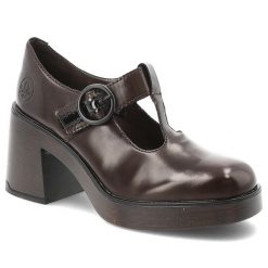Półbuty damskie Rieker o eleganckim fasonie z paskiem i ozdobną klamrą osadzone na stabilnym obcasie typu słupek brązowe 58053-25, Brown. Brązowe półbuty damskie Rieker, na jesień, bez wzorów, eleganckie, z okrągłym noskiem, bez obcasa, na słupku, bez zapięcia. Za 349.00 zł.