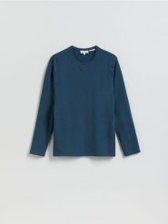 Longsleeve regular z włóknem bambusowym - granatowy. Niebieskie bluzki z długim rękawem męskie Reserved, l, bez wzorów, z dzianiny, bez kołnierzyka. Za 119.99 zł.