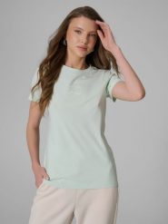 4F T-shirt slim z nadrukiem damski - miętowy M. Niebieskie t-shirty damskie 4f, l, bez wzorów, z jeansu, bez kołnierzyka. Za 49.99 zł.