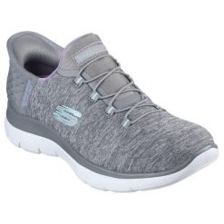 Damskie SUMMITS DAZZLING HAZE Slip-On Szary / Wielokolorowy. Szare trampki i tenisówki damskie Skechers, bez wzorów, z materiału, bez zapięcia. Za 279.99 zł.