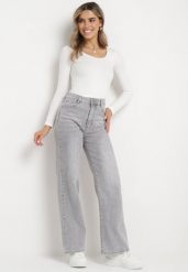 Jasnoszare Jeansy Szerokie z Bawełny z Wyższym Stanem Adrinca. Szare jeansy damskie Born2be. Za 149.99 zł.
