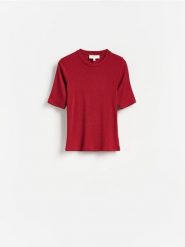 Dzianinowy t-shirt z lyocellem - intenstywna czerwień. Czerwone t-shirty damskie Reserved, l, bez wzorów, z dzianiny, bez kołnierzyka. Za 119.99 zł.