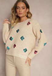 Beżowy Sweter z Wiskozą Zdobiony Cekinowymi Aplikacjami z Kwiatami Edalora. Brązowe swetry damskie Renee, l, z aplikacjami, z jeansu, casualowe, bez kołnierzyka, bez ramiączek, długie, bez kaptura. Za 84.99 zł.