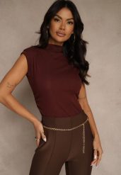 Bordowy Top z Bawełny i Wiskozy ze Stójką i Marszczeniem w Talii Zetelie. Czerwone bluzki damskie Renee, m, bez wzorów, z bawełny, eleganckie, bez kołnierzyka, bez ramiączek. Za 59.99 zł.