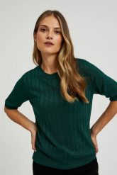 Wiskozowy sweter z metaliczną nitką zielony. Zielone swetry damskie MOODO, l, bez wzorów, z wiskozy, bez kołnierzyka, bez ramiączek, bez kaptura. W wyprzedaży za 54.99 zł.