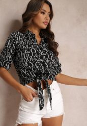 Czarna Koszula Wzorzysta z Wiązaniem Kristell. Czarne bluzki damskie Renee, l, bez wzorów, z jeansu, eleganckie, bez kołnierzyka, bez ramiączek. Za 49.99 zł.