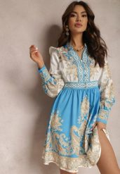 Biało-Niebieska Sukienka Basaste. Niebieskie sukienki damskie Renee, na imprezę, m, z aplikacjami, z tkaniny, bez kołnierzyka, bez ramiączek, maxi. Za 149.99 zł.