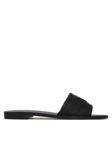Guess Klapki FLJELS Czarny. Czarne klapki damskie Guess, z aplikacjami, z materiału, bez obcasa. Za 329.99 zł.
