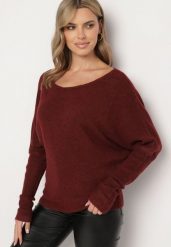 Bordowy Sweter z Lnem i Dekoltem w Łódkę o Kroju Oversize Sassirra. Czerwone swetry damskie Born2be, l, bez wzorów, z jeansu, biznesowe, bez kołnierzyka, bez ramiączek, bez kaptura. Za 129.99 zł.