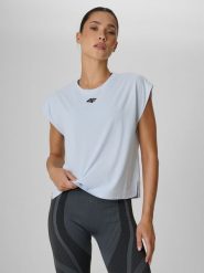 4F Koszulka treningowa regular szybkoschnąca damska - niebieska XS. Niebieskie koszulki sportowe damskie 4f, xs, bez wzorów, bez kołnierzyka, bez ramiączek, na fitness i siłownię. Za 79.99 zł.