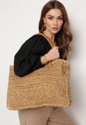Beżowa Duża Torebka Tote Plażowa z Plecionki w Stylu Boho Delmirra. Brązowe torebki do ręki damskie Born2be, bez wzorów, z materiału, boho, duże, bez dodatków. Za 119.99 zł.