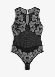 Body ze stringami ze szlachetnym haftem. Czarne body damskie bonprix, bez wzorów. Za 109.99 zł.