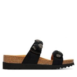 Klapki Scholl. Czarne klapki damskie Scholl, bez wzorów, bez obcasa. Za 424.99 zł.