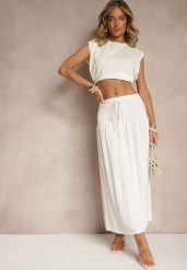 Biała Spódnica z Wiskozą i Lnem High Waist o Rozkloszowanym Kroju Lumerellea. Białe spódnice damskie Renee, l, bez wzorów, ze lnu, eleganckie, z podwyższonym stanem, maxi, dopasowane. Za 49.99 zł.