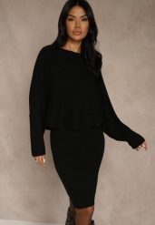 Czarny Prążkowany Komplet z Dzianiny Sukienka Bodycon i Sweter Nietoperz Wediana. Czarne swetry damskie Renee, m, bez wzorów, z dzianiny, eleganckie, bez kołnierzyka, bez ramiączek, bez kaptura. Za 139.99 zł.