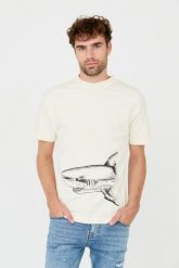 PALM ANGELS Beżowy t-shirt Broken Shark. Brązowe t-shirty męskie PALM ANGELS, m, bez wzorów, bez kołnierzyka. W wyprzedaży za 999.99 zł.