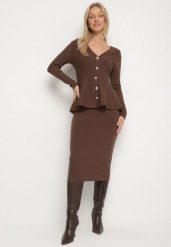Brązowy Elegancki Komplet z Dzianiny z Wiskozą Kardigan i Spódnica Uneva. Brązowe kardigany damskie Born2be, bez wzorów, z dzianiny, casualowe. Za 159.99 zł.