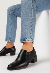 Czarne Półbuty na Słupku z Suwakiem Oventtia. Czarne półbuty damskie Born2be, bez wzorów, z jeansu, eleganckie, bez obcasa, na obcasie, bez zapięcia. Za 89.99 zł.