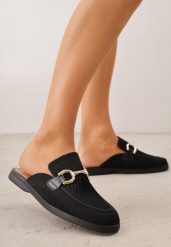 Czarne Klapki Mule Ozdobione Klamrą Peromela. Czarne klapki damskie Renee, bez wzorów, z dzianiny, eleganckie, bez obcasa, na płaskiej podeszwie. Za 89.99 zł.