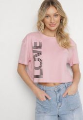 Różowy Krótki Bawełniany T-shirt z Napisem Sannirra. Czerwone bluzki damskie Born2be, m, bez wzorów, z bawełny, klasyczne, bez kołnierzyka. Za 34.99 zł.