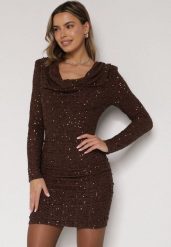 Brązowa Dopasowana Sukienka Wieczorowa z Lejącym Dekoltem i Cekinami Siwedea. Brązowe sukienki damskie Born2be, na imprezę, l, z aplikacjami, z poliesteru, eleganckie, bez kołnierzyka, bez ramiączek, dopasowane. Za 189.99 zł.