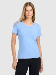 4F T-shirt slim z nadrukiem damski - niebieski XL. Niebieskie koszulki sportowe damskie 4f, xl, bez wzorów, z bawełny, bez kołnierzyka, bez ramiączek. W wyprzedaży za 39.99 zł.