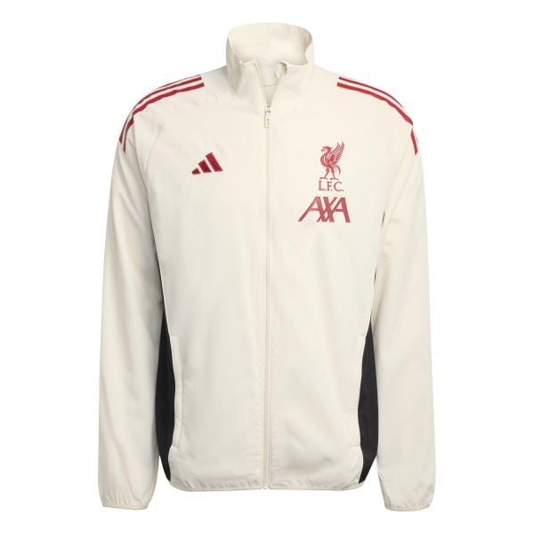 Kurtka treningowa Prematch Liverpool FC 2025/26. Białe kurtki męskie Adidas, bez wzorów, sportowe, bez kaptura. W wyprzedaży za 331.85 zł.