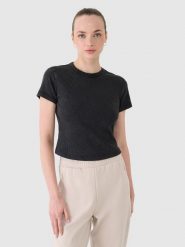 4F T-shirt slim z prążkowanej dzianiny damski - czarny L. Czarne koszulki sportowe damskie 4f, l, bez wzorów, z bawełny, klasyczne, bez kołnierzyka. W wyprzedaży za 49.99 zł.