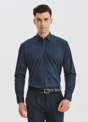 PAKO LORENTE - Granatowa koszula męska wzór geometryczny. Białe koszule męskie Pako Lorente, na jesień, m, bez wzorów, z bawełny, bez kołnierzyka, bez ramiączek. Za 99.99 zł.