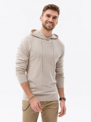 Męska bluza dzianinowa z kapturem - beżowa V5 - Rozmiar: XXL. Brązowe bluzy męskie Ombre Clothing, m, bez wzorów, z bawełny, z kapturem. W wyprzedaży za 39.99 zł.