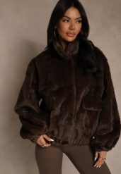 Brązowa Futrzana Kurtka Bomberka z Kieszeniami Tiwedela. Brązowe kurtki damskie Renee, l, bez wzorów, z futra, bez kaptura. Za 209.99 zł.