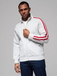 Męska bluza dresowa z wysokim kołnierzem i lampasami – szary melanż V1 OM-SSZP-0219 - XXL. Szare bluzy męskie Ombre Clothing, l, z aplikacjami, z bawełny, bez kaptura. Za 143.99 zł.