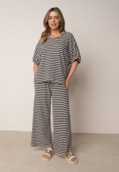 Beżowo-Granatowy Dzianinowy Komplet z Bawełny T-shirt i Szerokie Spodnie o Luźnym Fasonie w Paski Nemoress. Brązowe spodnie materiałowe damskie Born2be, uniwersalny, bez wzorów, z bawełny. Za 199.99 zł.