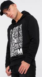 Ombre Męska bluza kangurka nierozpinana z kapturem i nadrukiem - czarna V1 OM-SSPS-0158 L. Czarne bluzy męskie Ombre, l, bez wzorów, z kapturem. Za 49.99 zł.