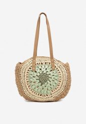 Zielono-Beżowa Pleciona Torebka w Stylu Boho Ulofina. Zielone torebki do ręki damskie Renee, bez wzorów, z materiału, boho, bez dodatków. Za 59.99 zł.