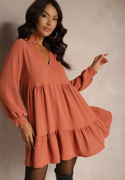 Pomarańczowa Rozkloszowana Sukienka Mini z Falbankami Atercja. Brązowe sukienki damskie Renee, na co dzień, bez wzorów, bez kołnierzyka, bez ramiączek, mini, rozkloszowane. Za 69.99 zł.