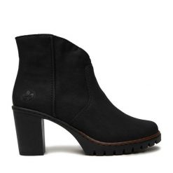 Botki Rieker. Czarne botki damskie Rieker, bez obcasa, na słupku, bez zapięcia. Za 329.99 zł.