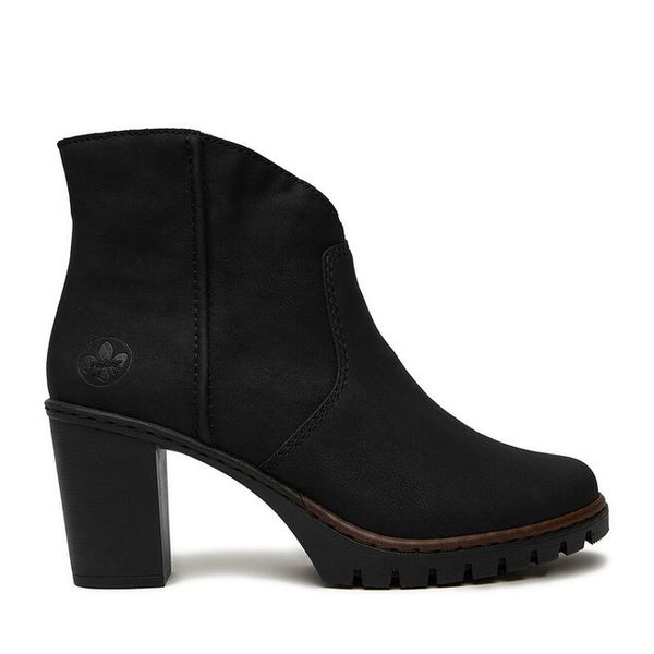 Botki Rieker. Czarne botki damskie Rieker, bez obcasa, na słupku, bez zapięcia. Za 329.99 zł.