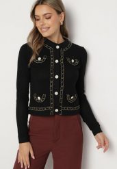 Czarny Kardigan z Metaliczną Nicią i Ozdobnymi Guzikami Raielle. Czarne kardigany damskie Born2be, l, bez wzorów, z tkaniny, eleganckie, bez kołnierzyka, bez ramiączek, długie, bez kaptura. Za 169.99 zł.