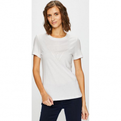 Guess Jeans - Top. Białe t-shirty damskie Guess Jeans, s, z aplikacjami, z bawełny, bez kołnierzyka. W wyprzedaży za 129.90 zł.