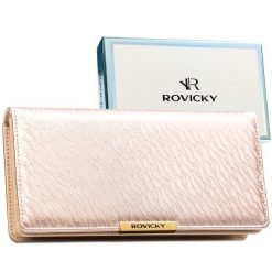 Duży, beżowy portfel damski ze skóry ekologicznej wyposażony w system RFID - Rovicky. Brązowe portfele damskie ROVICKY, bez wzorów, ze skóry ekologicznej. Za 79.99 zł.