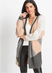 Sweter bez zapięcia oversize. Brązowe swetry damskie bonprix, z aplikacjami, bez kołnierzyka, bez ramiączek, bez kaptura. Za 114.99 zł.