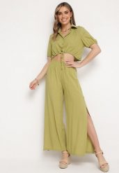 Zielony Bawełniany Komplet z Krótką Koszulą i Szerokimi Spodniami z Rozcięciami Denara. Zielone koszule damskie Born2be, xl, bez wzorów, z bawełny, eleganckie, bez kołnierzyka, bez ramiączek. Za 79.99 zł.