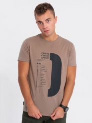 T-shirt męski bawełniany z nadrukiem - jasnobrązowy V2 - Rozmiar: S. Brązowe t-shirty męskie Ombre Clothing, m, bez wzorów, z bawełny, bez kołnierzyka. W wyprzedaży za 19.99 zł.