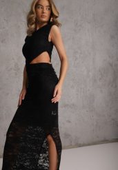 Czarna Wieczorowa Sukienka z Koronki z Asymetrycznym Wycięciem w Talii Kalimeia. Czarne sukienki dla dziewczynek Renee, bez wzorów, z koronki, eleganckie, bez ramiączek. Za 169.99 zł.