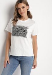 Biały T-shirt z Bawełny o Kroju Oversize z Nadrukiem z Zebrą Naliviel. Białe bluzki damskie Born2be, m, bez wzorów, z bawełny, eleganckie, bez kołnierzyka. Za 34.99 zł.