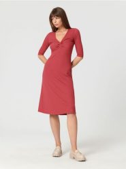 Sukienka midi z marszczeniami - różowy. Czerwone sukienki damskie Sinsay, l, bez wzorów, ze skóry, bez kołnierzyka, bez ramiączek, midi, dopasowane. Za 59.99 zł.