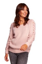 Sweter z Grubym Warkoczem na Rękawach - Różowy. Czerwone swetry damskie MOE, l, bez wzorów, z materiału, bez kołnierzyka, bez ramiączek, bez kaptura. Za 204.58 zł.
