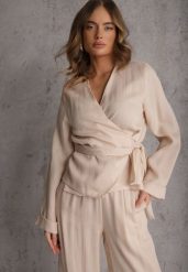 Beżowa Wiskozowa Bluzka z Kopertowym Dekoltem i Wiązaniem z Boku Velarila. Brązowe bluzki damskie Renee, l, bez wzorów, z materiału, bez kołnierzyka, bez ramiączek. Za 129.99 zł.