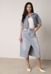 Niebieska Jeansowa Spódnica z Bawełną Wysokim Stanem i Rozcięciem z Przodu Cannate. Niebieskie spódnice damskie Born2be, l, bez wzorów, z bawełny, z podwyższonym stanem, midi. Za 99.99 zł.